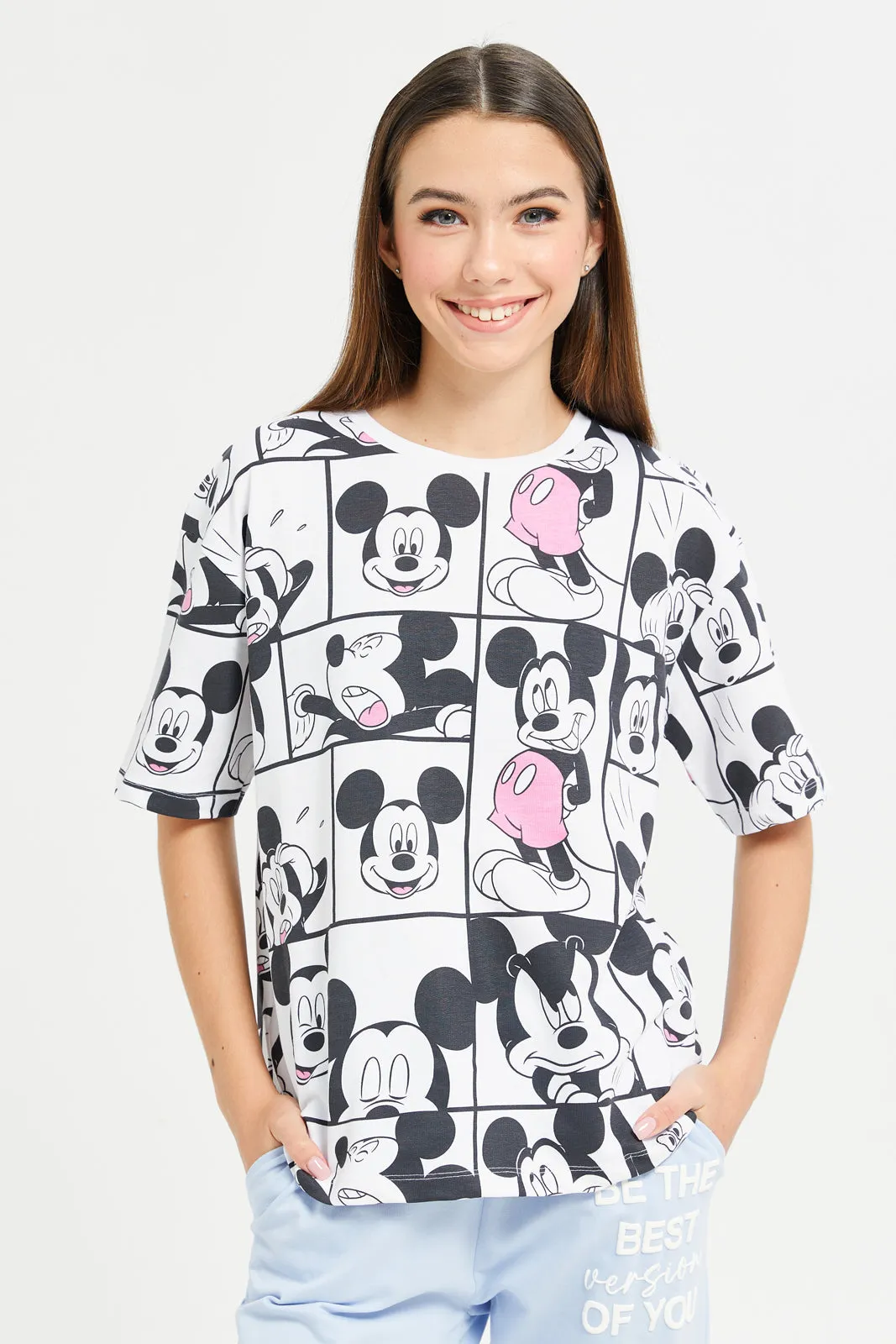 Senior Girls White Mickey Mouse Printed T-Shirt
