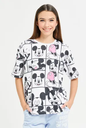 Senior Girls White Mickey Mouse Printed T-Shirt
