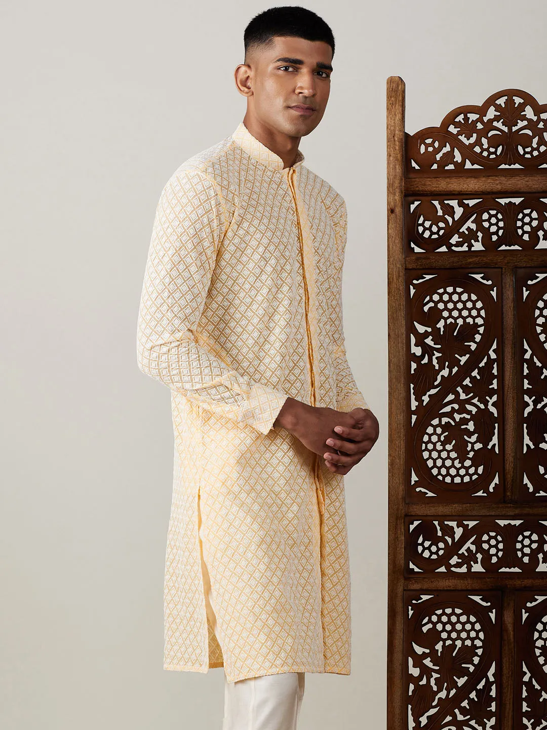 VASTRAMAY Men's Yellow Chikankari Front Open Kurta