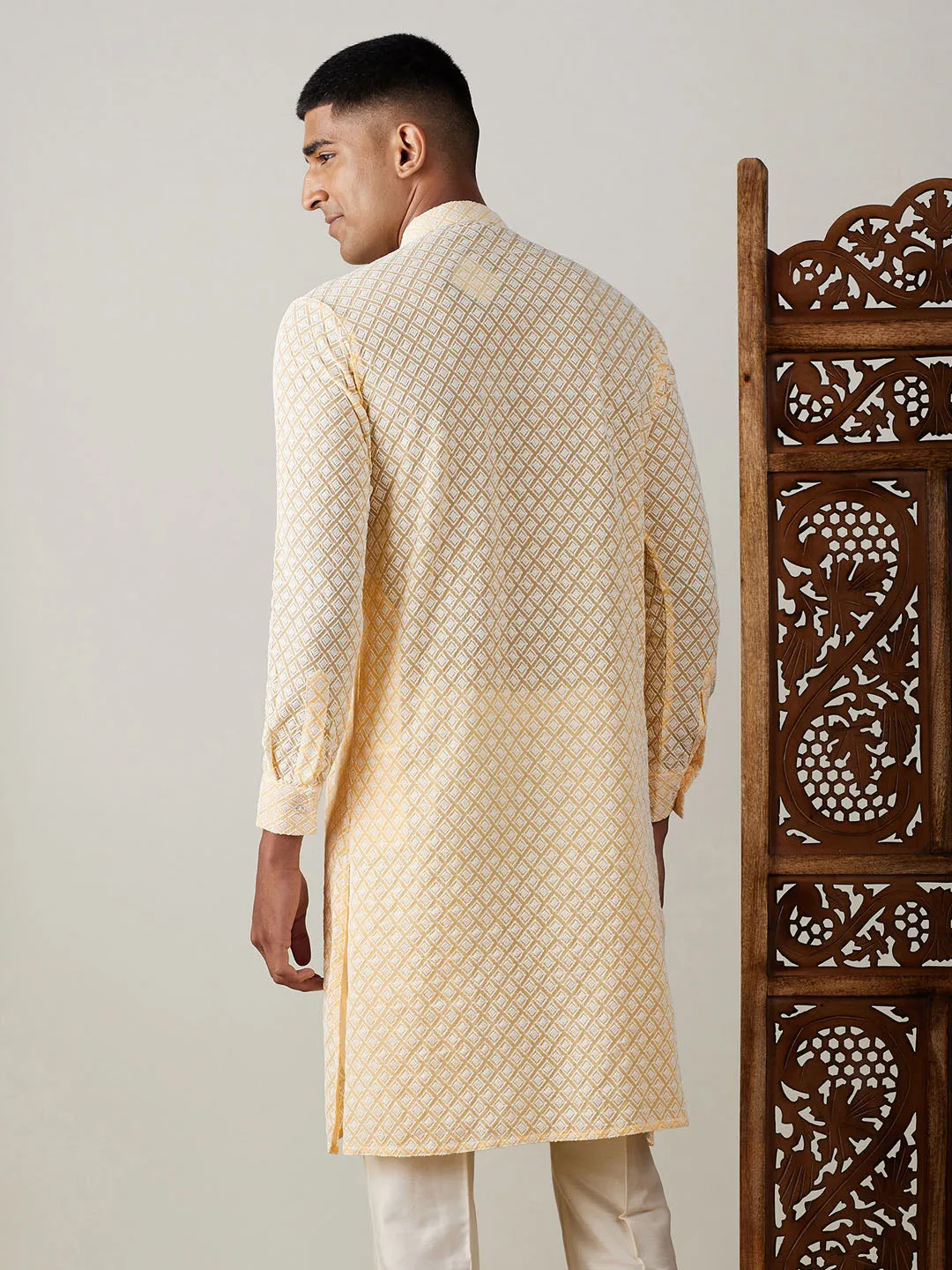 VASTRAMAY Men's Yellow Chikankari Front Open Kurta