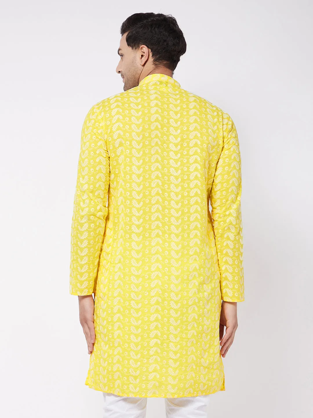 VASTRAMAY Mustard Pure Cotton Chikankari Kurta Baap Beta Set