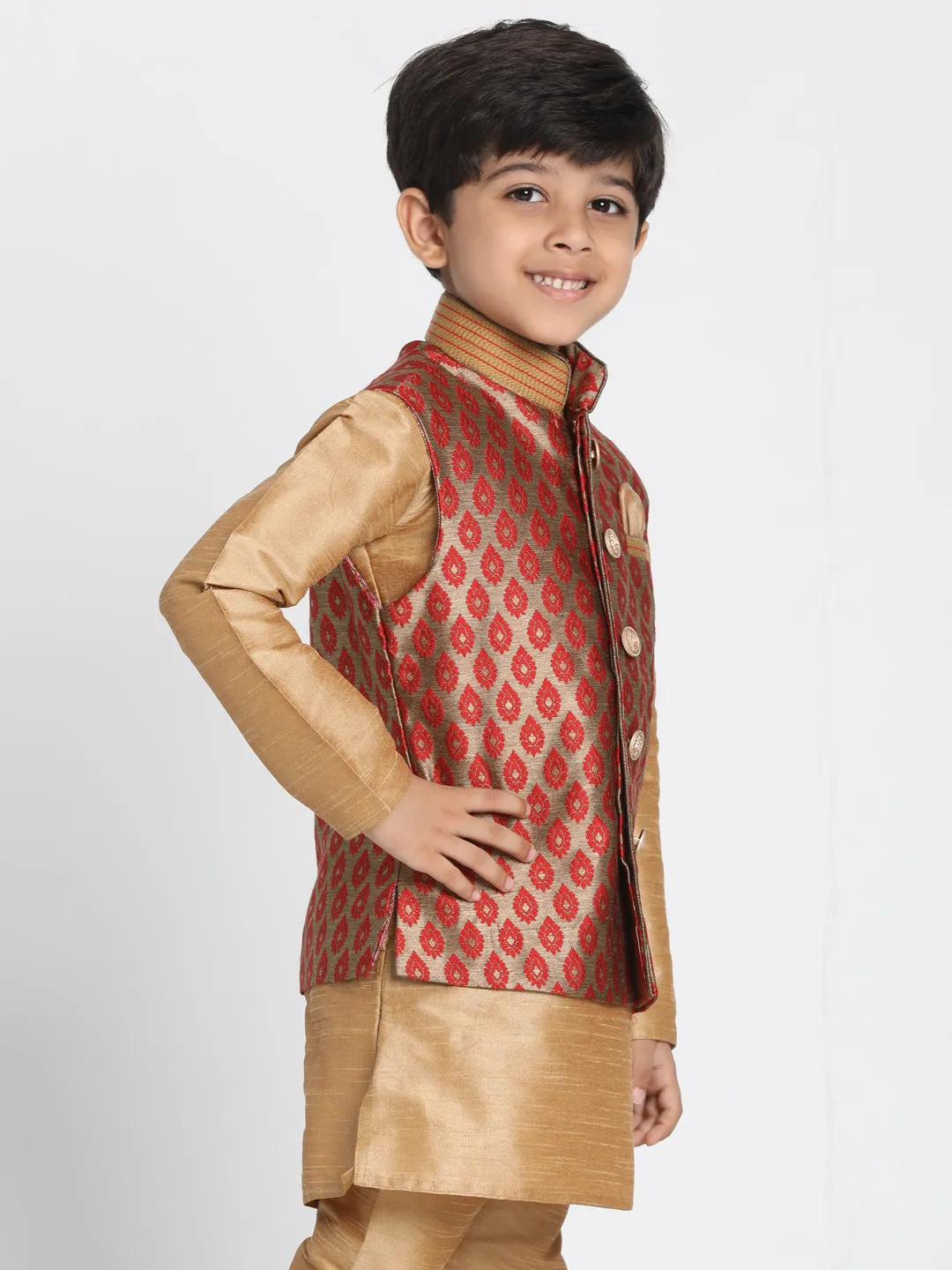 Vastramay Silk Blend Maroon And Gold Baap Beta Ethnic Jacket