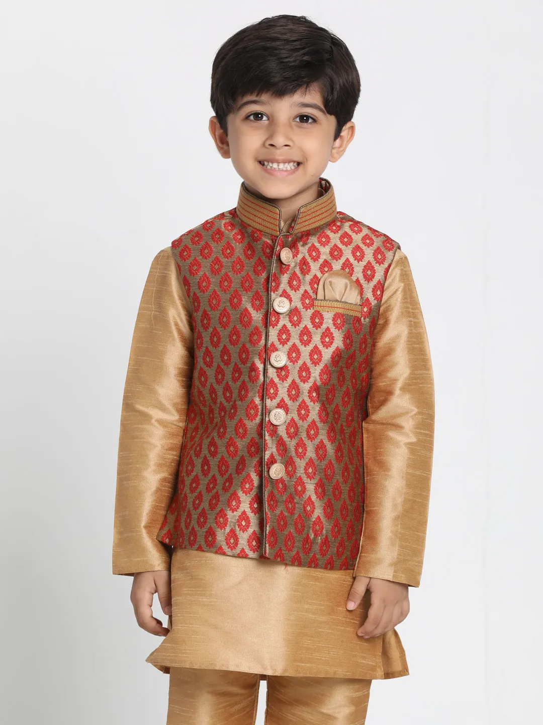 Vastramay Silk Blend Maroon And Gold Baap Beta Ethnic Jacket