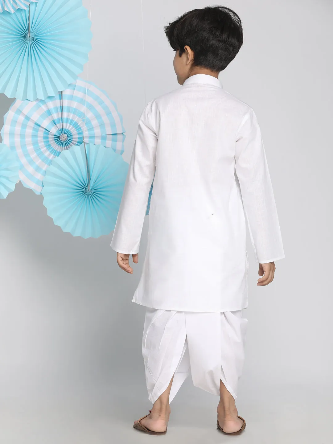 VASTRAMAY White Cotton Baap Beta Kurta Dhoti Set