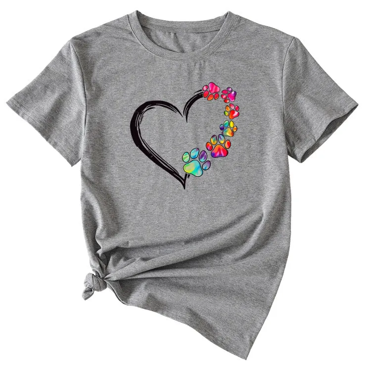 Women's T-shirt Round Neck Short Sleeve with Heart Interesting Pattern Printing